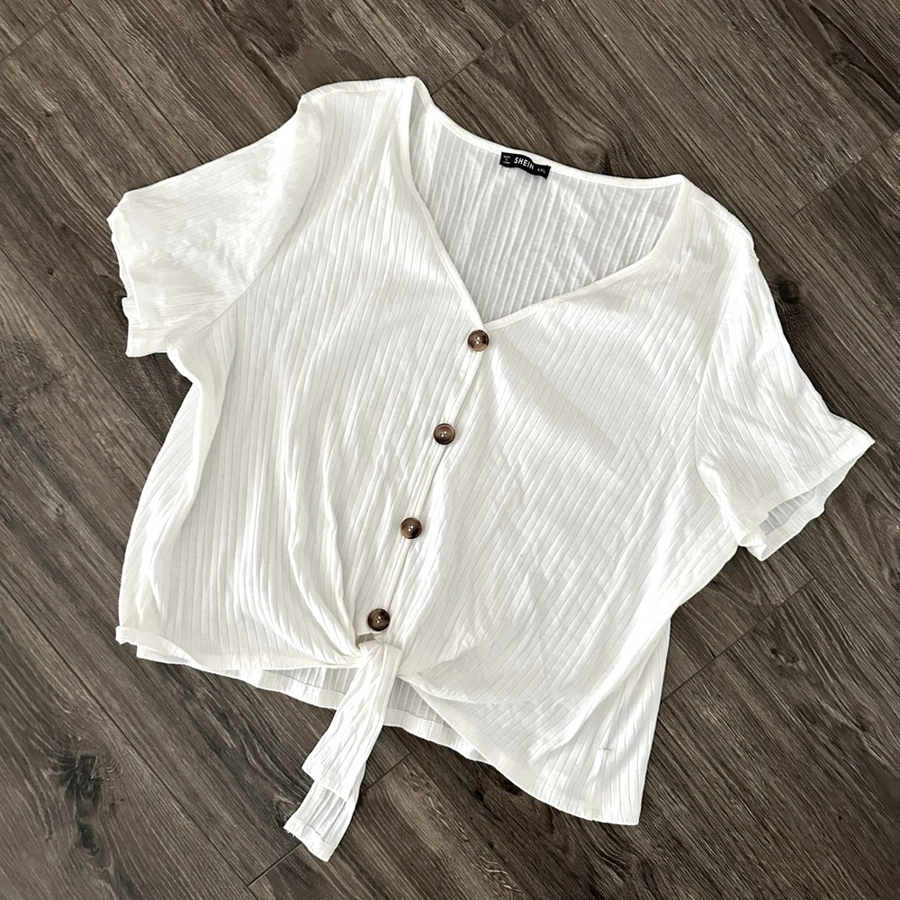 SHEIN White Short Sleeve Tie Waist Top